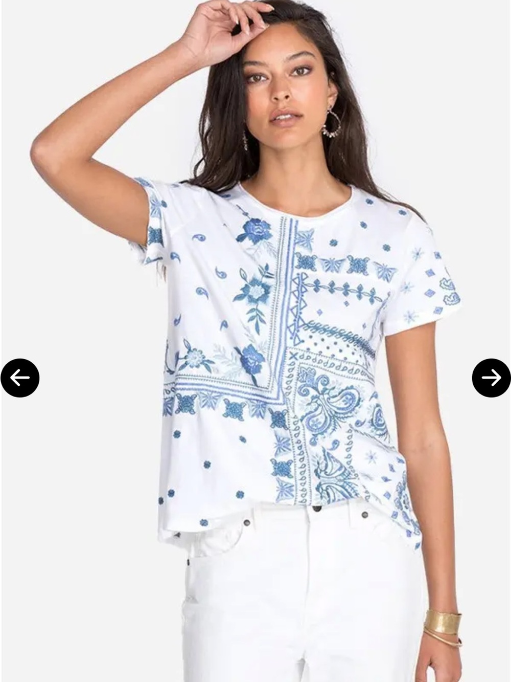 Johnny Was Nico Raw Seam Patchwork Embroidered Tee Blue White Medium EUC